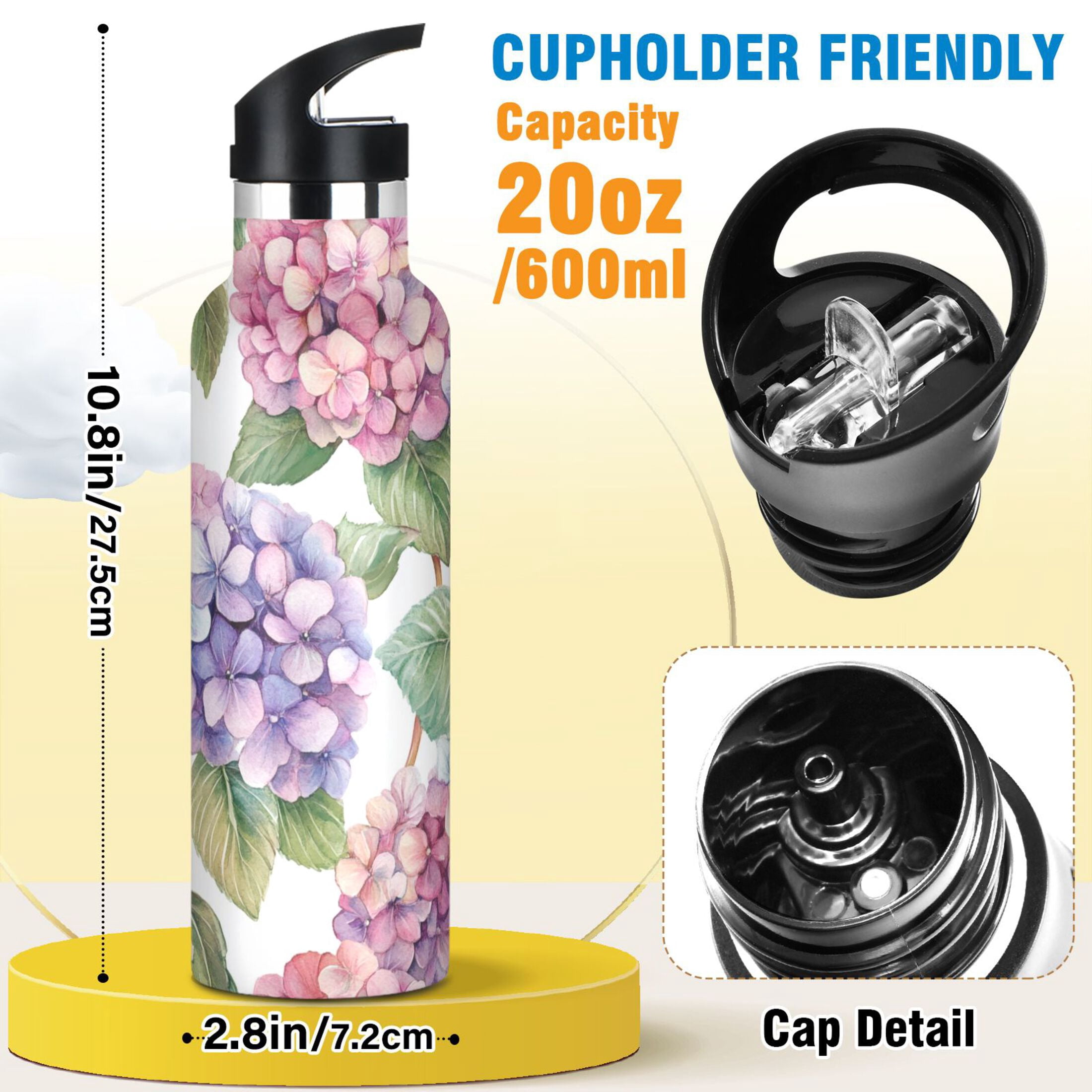 600ML Stainless Steel Insulated Cup Sports Water Bottle Portable Thermos Cup Water Glasses Insulated Tumblers Convenient and Durable Beautiful Hydrangeas