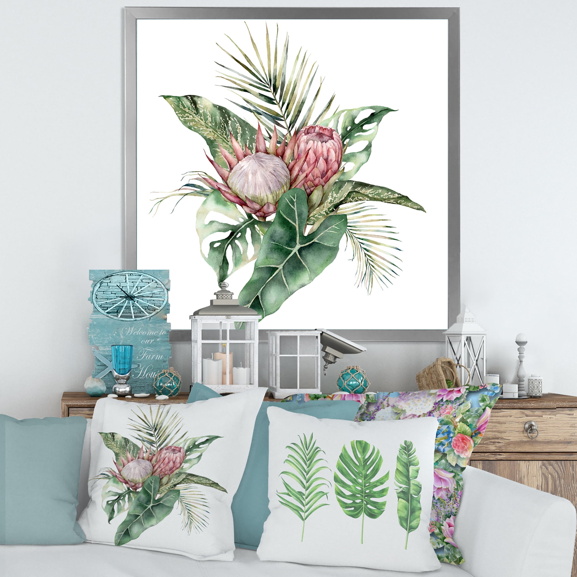 Designart 'Queen Proteas Palm & Monstera Leaves' Traditional Framed Art Print