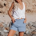 thumbnail image 2 of LEKODE Cotton Linen Shorts for Women Summer Elastic Waist Drawstring Bermuda Shorts Loose Comfy Short Pants with Pockets Blue L, 2 of 7
