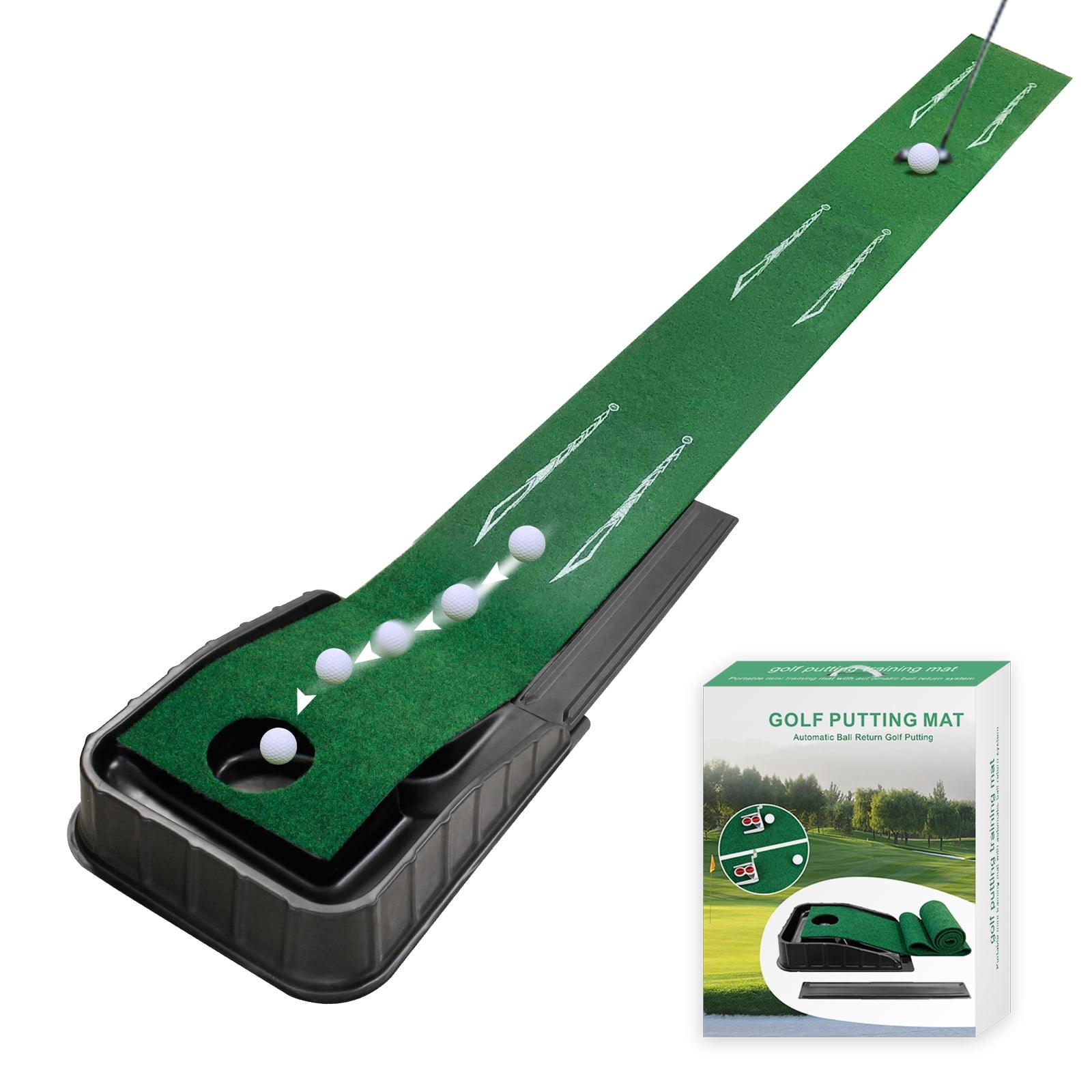 Crestgolf Golf Putting Green Indoor Putting Mat with Auto Ball Return Putter Alignment Guides at 3, 5 & 7 feet Golf Mini Practice Training Aid for Home Office