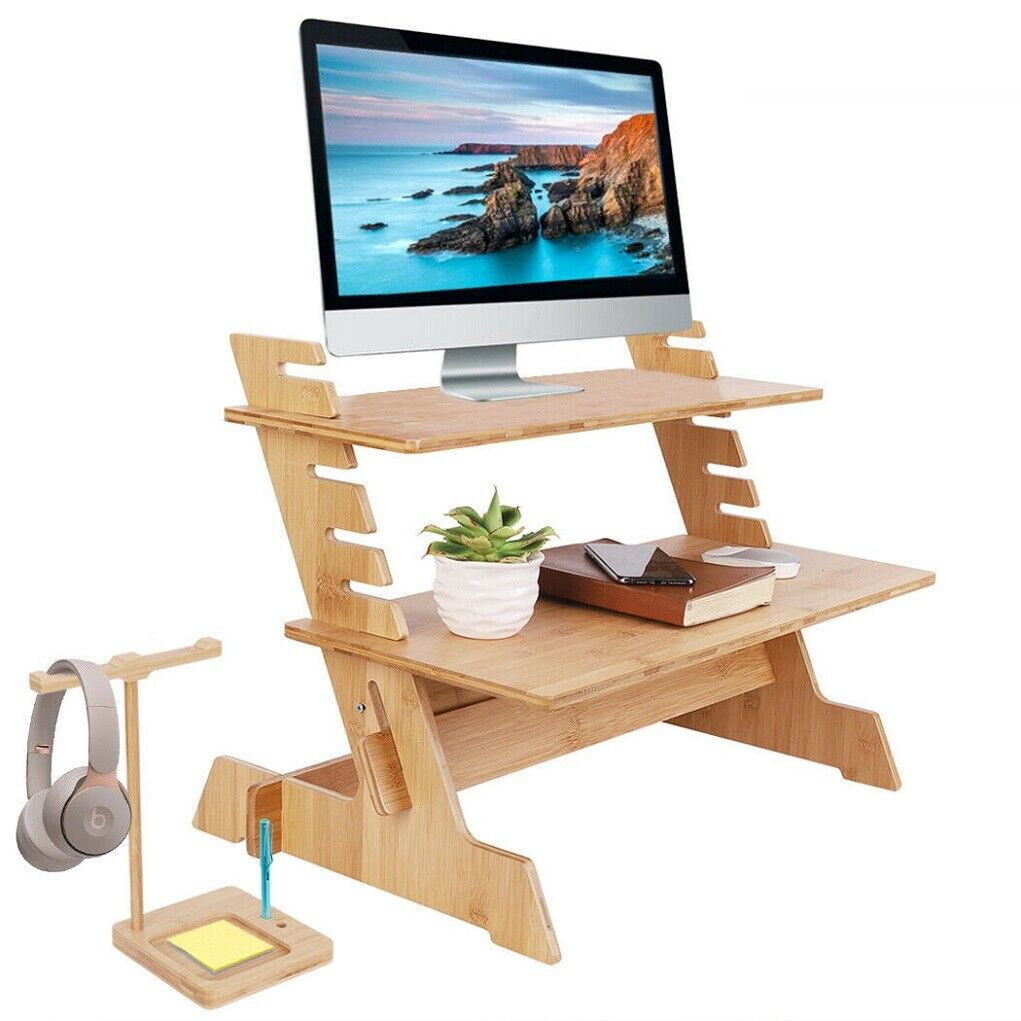 MarketLane Bamboo Standing Monitor Stand Desk Convertor Riser for Monitor Adjustable Height Standup Desk Top Laptop Workstation with Phone Headset Holder