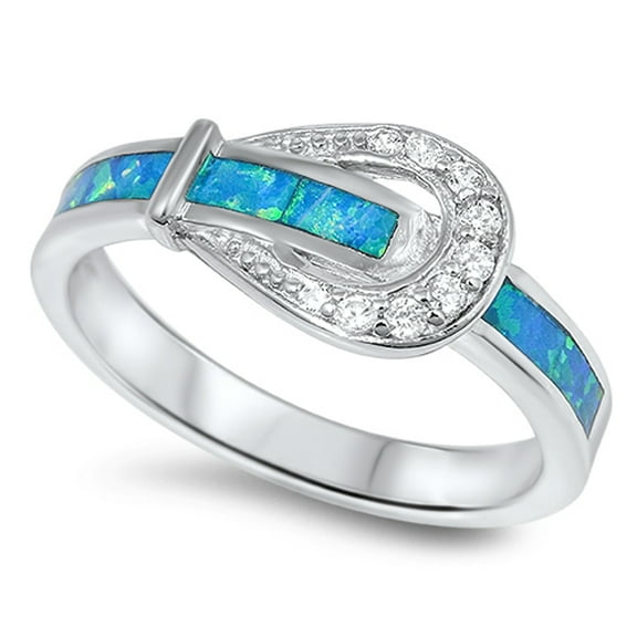 Belt Buckle Design Clear CZ Blue Simulated Opal Ring .925 Sterling Silver White Female Size 7