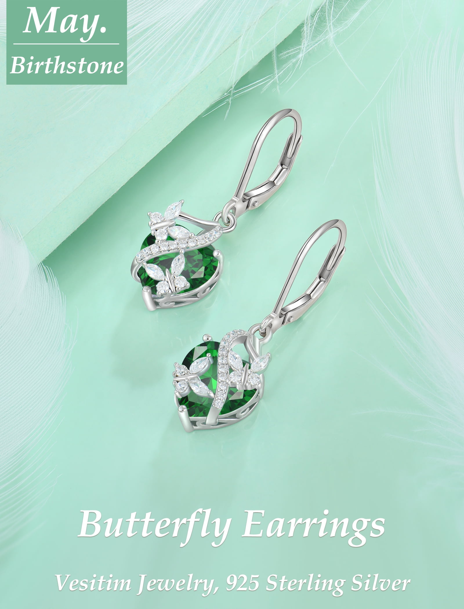 VESITIM 925 Sterling Silver Butterfly Dangle Earrings for Women May Birthstone Emerald Butterfly Earrings Jewelry Gift