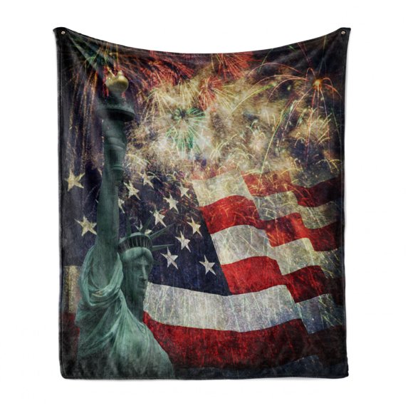 American Flag Soft Flannel Fleece Throw Blanket, Composite Photo of States with Fireworks on Background 4th of July Print, Cozy Plush for Indoor and Outdoor Use, 50" x 60", Multicolor, by Ambesonne