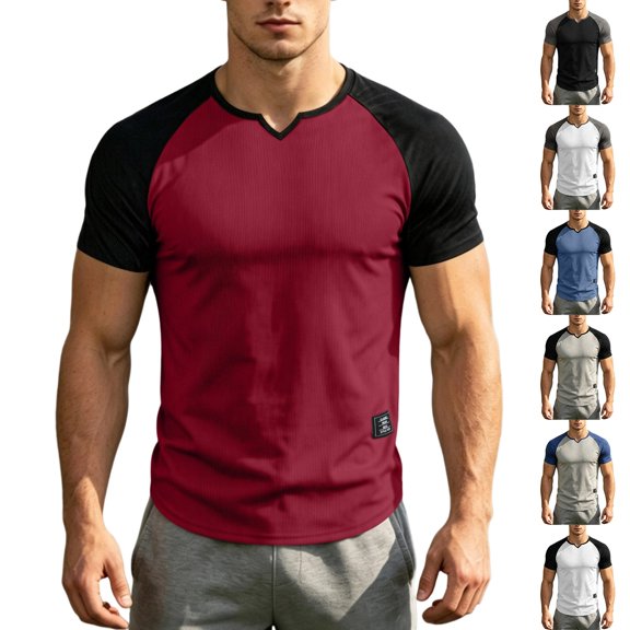Men's Summer Color Block V-Neck Slim Fit Quick Dry Breathable Sports Short Sleeve Tee T-Shirt Top Yoga Gym Workout Training Running Casual Activewear Essential | JASKFLY,Black L