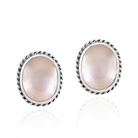 Oval Shell Earrings - Elegant Pink Mother of Pearl Ovals with Sterling Silver Border Stud Earrings