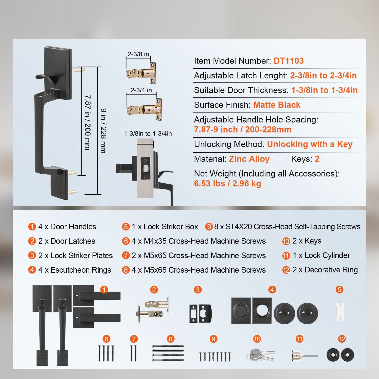Adjustable Double Door Handle Set, Zinc Alloy Die-Cast, Reversible, 1-3/8 to 1-3/4" Door Thickness, for Front Door Office Door