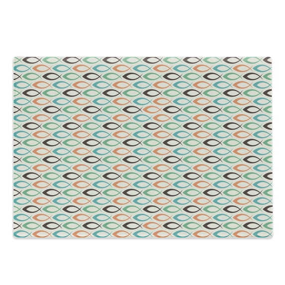 Retro Cutting Board, Retro Style Fish Pattern Underwater World Aquatic Fun Joyful, Decorative Tempered Glass Cutting and Serving Board, Large Size, Salmon Brown Turquoise, by Ambesonne
