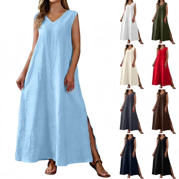 Maxi Dresses for Women Plus Size with Pockets Solid Color Sleeveless V-Neck Side Slit Backless Comfortable Casual Loose Beach Vacation Outdoor Shift Dresses
