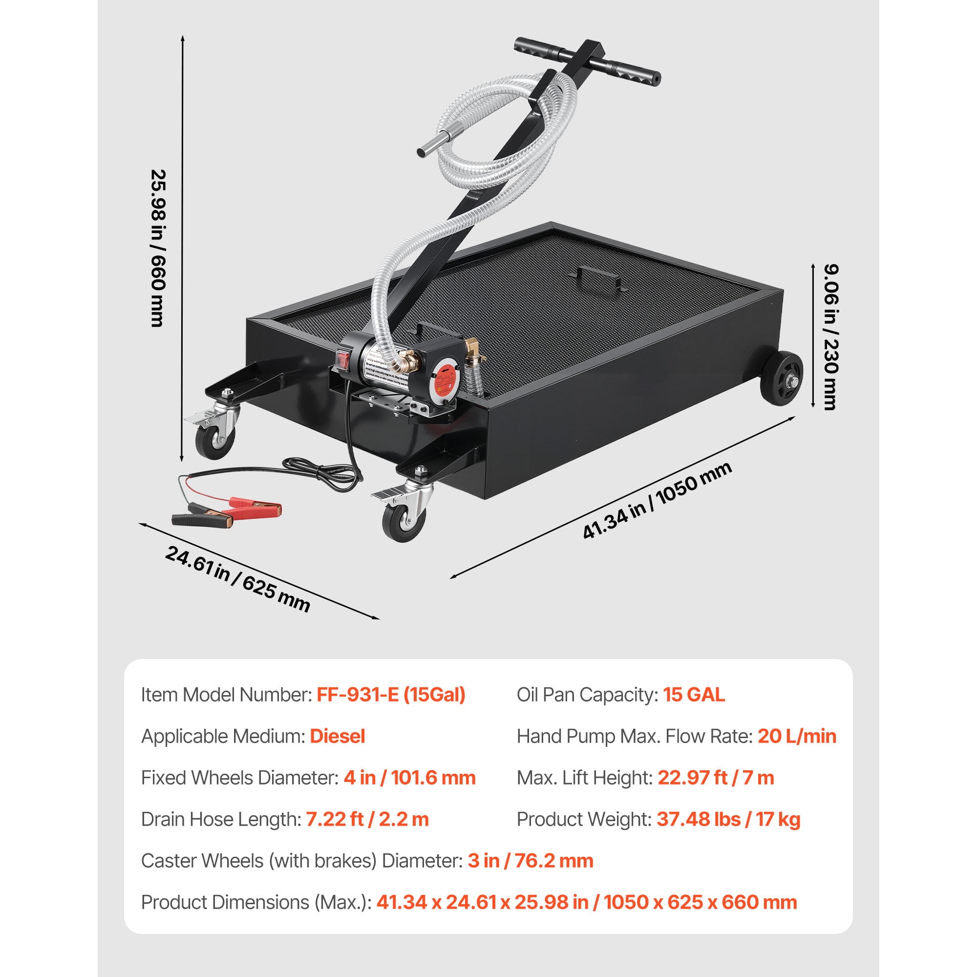KFFKFF 15-Gallon Low Profile Oil Drain Pan with Electric Pump, Rolling Design, Leak-Resistant and Durable, Compatible with Cars, SUVs, Trucks, Motorcycles, and ATVs