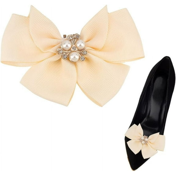 2 Pcs Bow Shoe Clips Beige Crystal Removable Bowknot Jewelry Decorative Clips Rhinestone Shoes Accessory Pearl Bowknot Shoe Decorations for Wedding Party High Heels