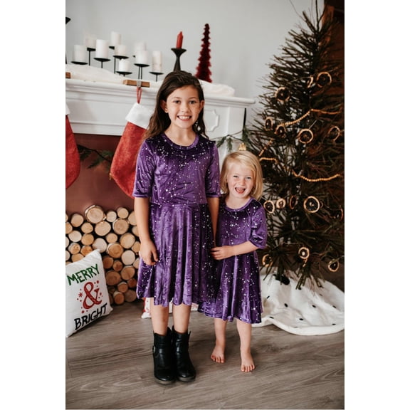 Purple Twirly Velvet Dress with Silver Stars