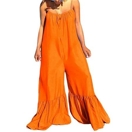 

Avamo Women Solid Color One Piece Jumpsuit Flared Pants Ladies Spaghetti Strap Bodysuit Loose Romper