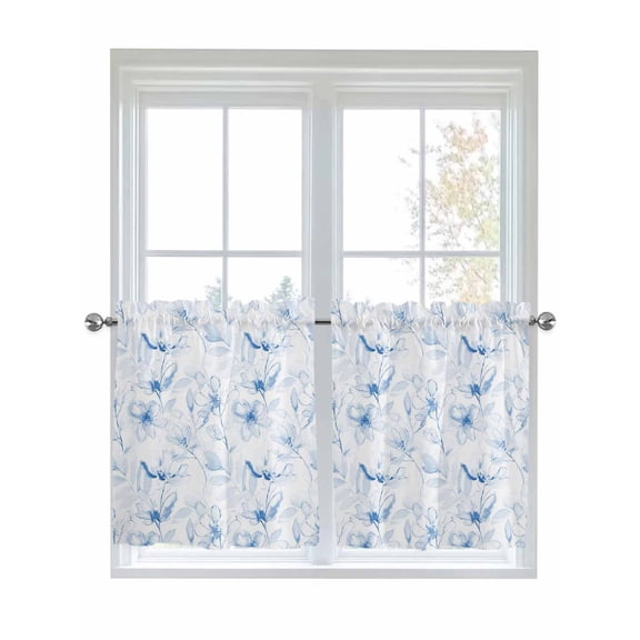 Blue Flower 2 Panel Kitchen Curtains for Small Windows, Watercolor Floral Botanical Line Drawing Print Bathroom Tier Curtain, Short Window Treatment for Bedroom/Living Room 55"x24"