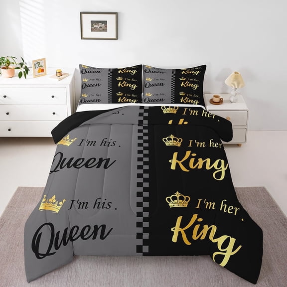 His And Hers Comforter Set King And Queen Crown Bedding Set For Couple Men Women Mr Mrs,Valentine'S Day Wedding Down Comforter Gifts,Romantic Love Heart Bed Set 3 Pcs King Size