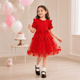 thumbnail image 6 of IPIO Girls Red Floral Embroidered Tulle Dress with Puff Sleeves and Bow Accents, Holiday Party Dress, 6 of 7