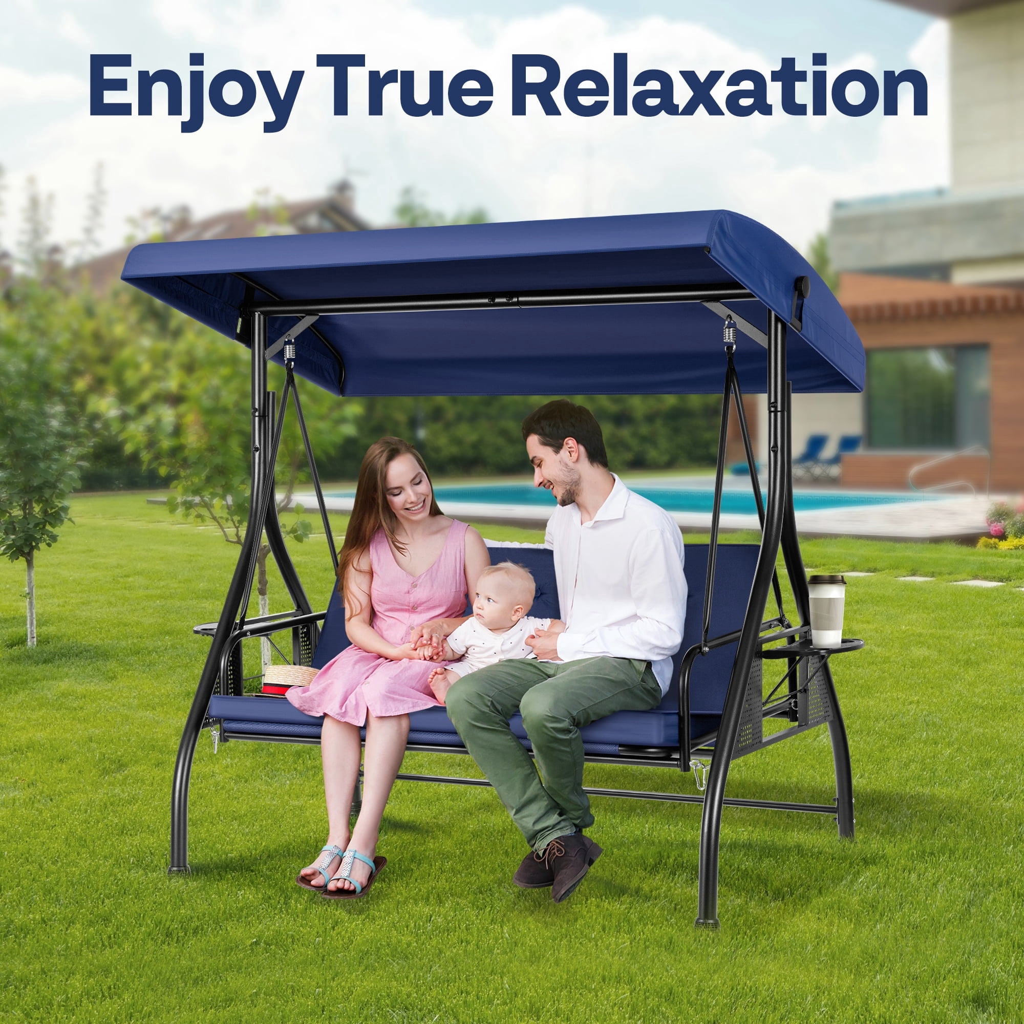 SPECSTAR 3 Seats Patio Swing Chair, Outdoor Converting Canopy Swing Chair w/ Removable Cushion,Swing Glider Hammock for Patio, Garden, Navy Blue