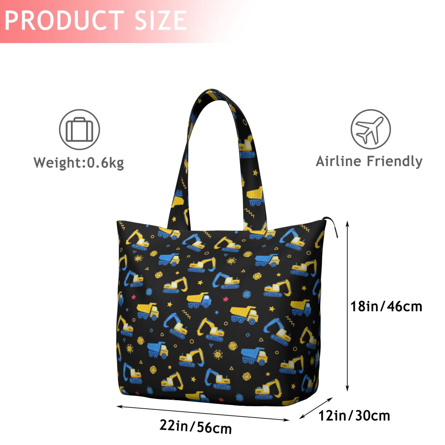 Cartoon Construction Vehicles Stars Black Pattern Travel Tote Bags for Women Carry On,Large Weekender Bags for Women Travel,Multi Functional Duffle Bag for Work,Shopping,Sports