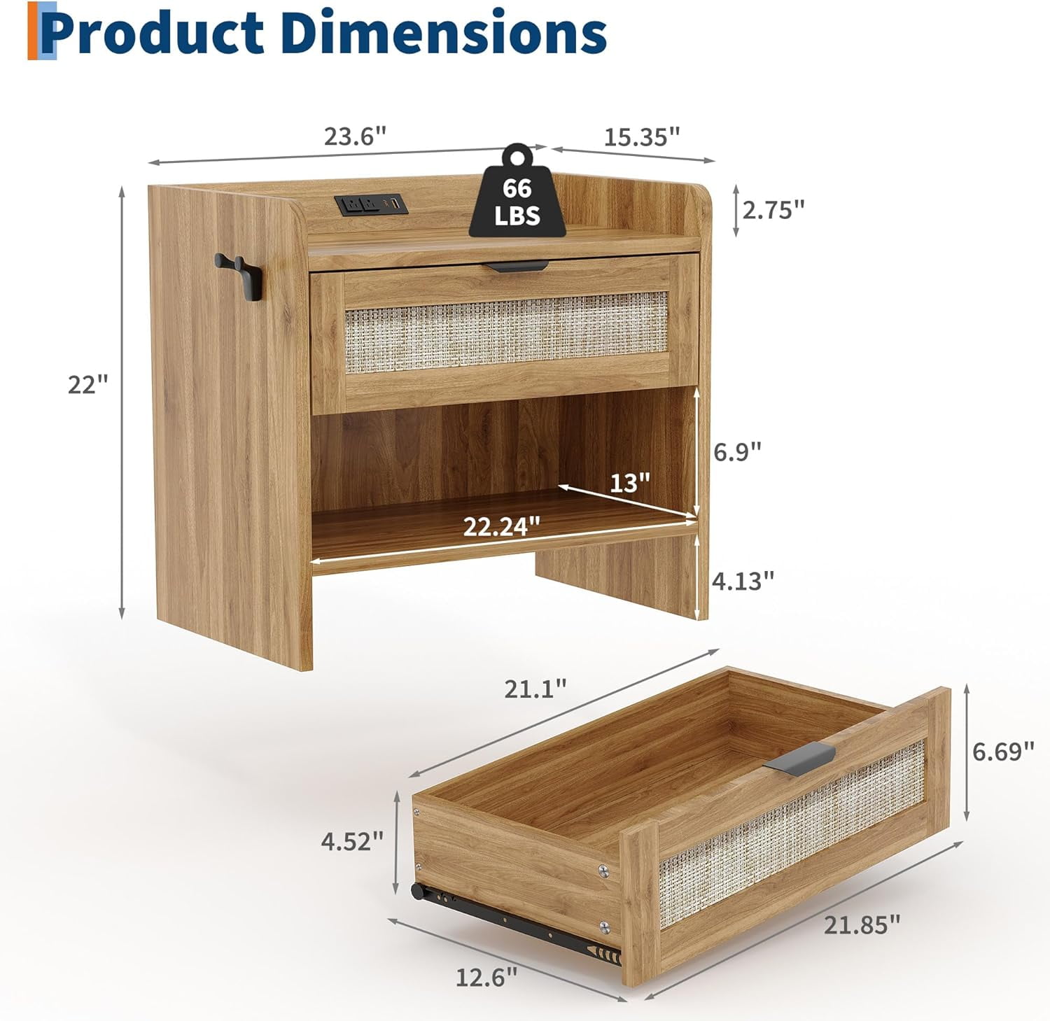Historyli 2PC Bedside Table,Rattan Nightstand, Boho Night Stand with Type-C Charging Station,1 Storage Drawer,and Open Storage Space,End Table,Side Tables,Suitable for Bedroom,Living Room,Walnut