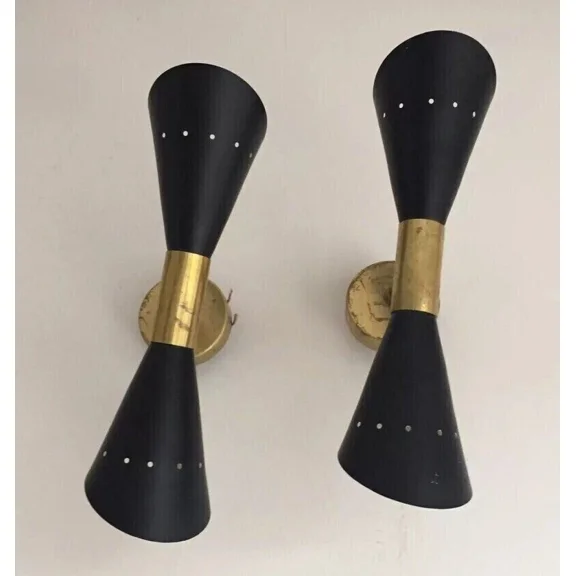 Pair of Stilnovo Style Diabolo Wall Sconces – Black & Brass Italian Mid-Century Lamps