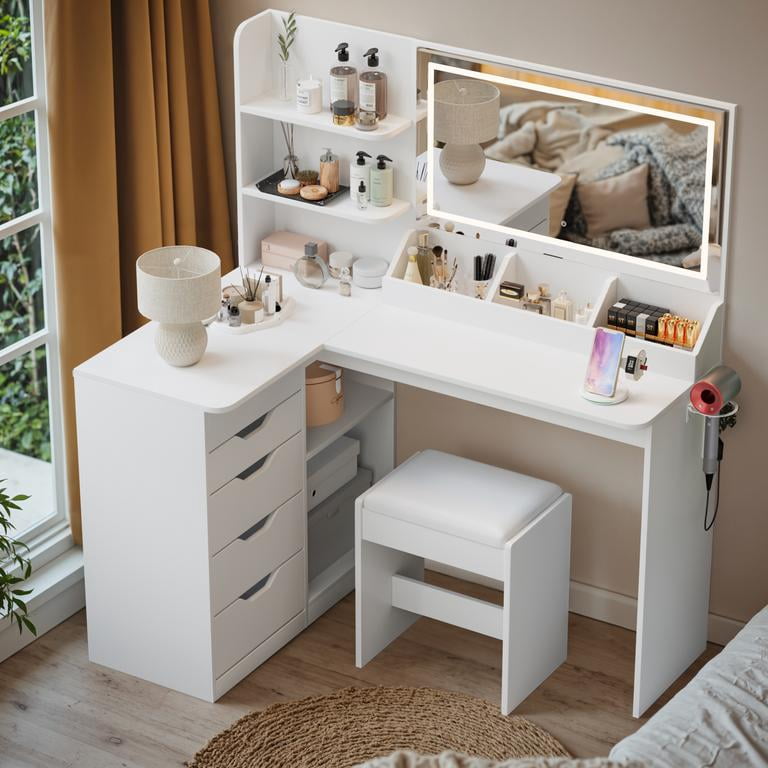 Lacoo L-Shaped Corner Vanity Desk with LED Mirror & Stool, 5-Drawer Makeup Vanity Table with Charging Station & Hair Dryer Rack, Space-Saving Corner Vanity Set for Bedroom, White