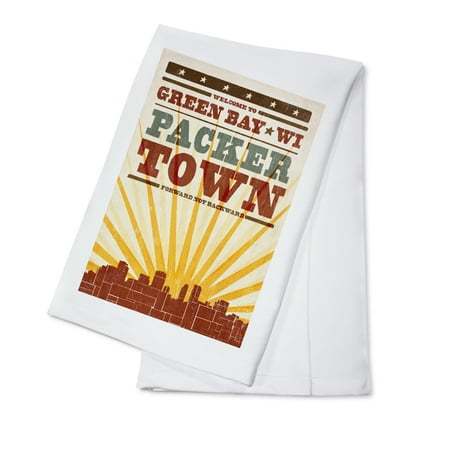 

Green Bay Wisconsin Skyline and Sunburst Screenprint Style (100% Cotton Tea Towel Decorative Hand Towel Kitchen and Home)