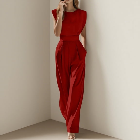 EaskTriop Womens Summer Wide Leg Jumpsuits Flowy High Waisted Palazzo Pants Sleeveless Casual Beach Vacation Lounge Outfits with Pockets Trousers