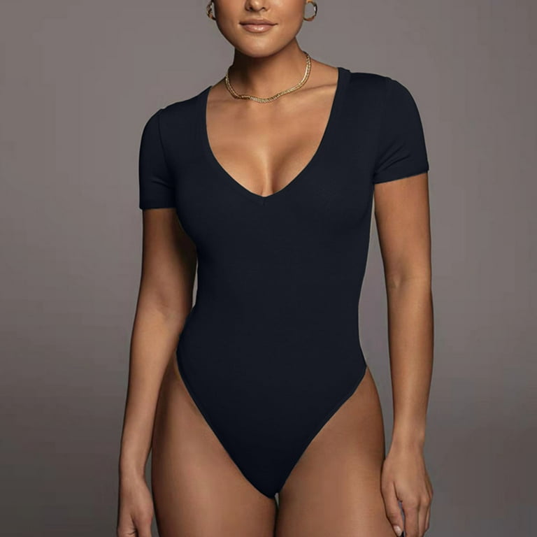 3 Piece Short Sleeve Bodysuit for Women V Neck Stretchy Basic Body Suit Tops