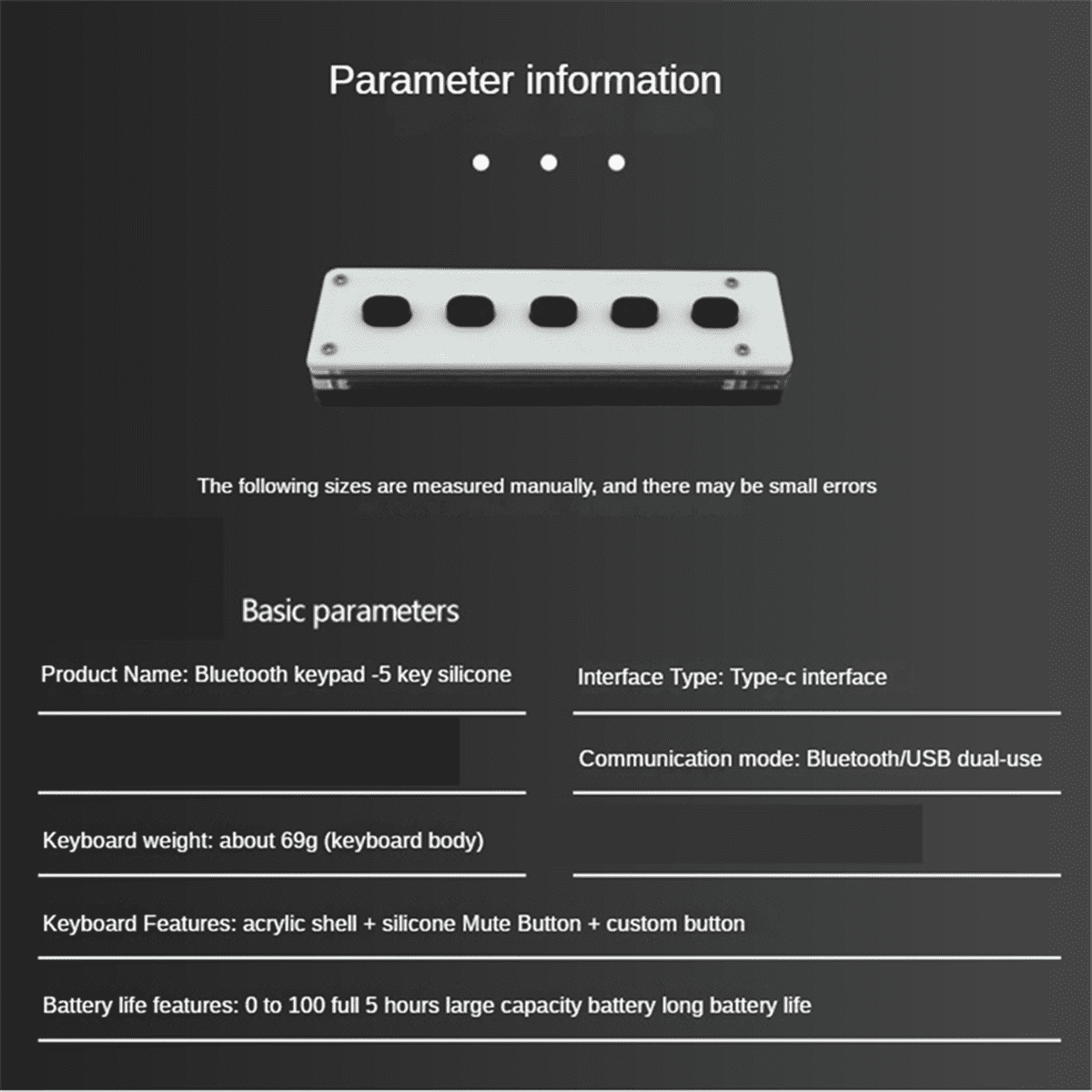 Silent Silicone Bluetooth Custom Programming Macro Keyboard 5-Keys Macropad Copy Paste USB Keypad, Bluetooth+Wireless