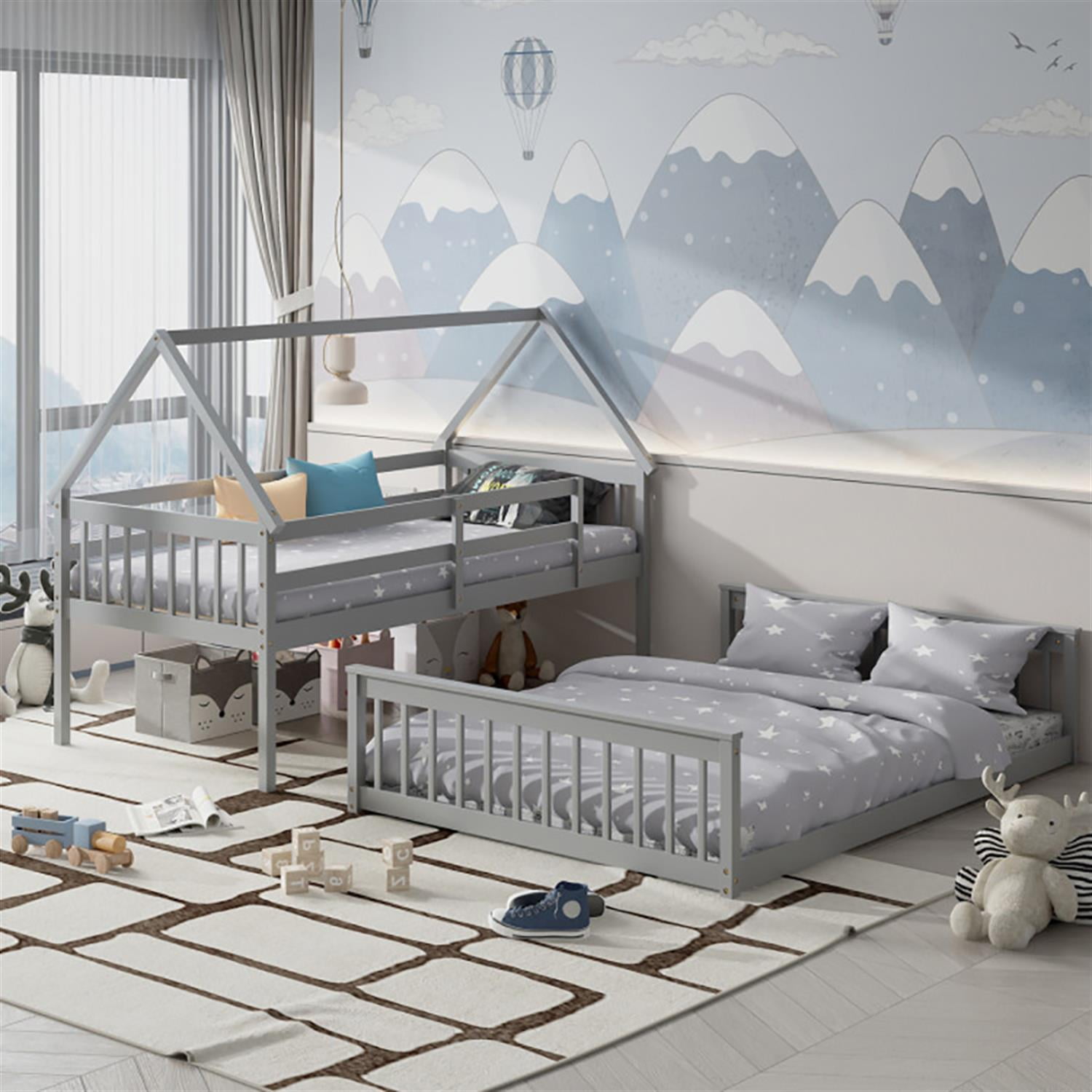 Demi Bonn Twin Over Full Bunk Bed with Ladder and Guardrails, House Twin Bunk Beds, Bed Frame, Gray