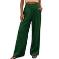 thumbnail image 3 of Women's Polyester Spandex High Waist Loose Flowy Wide Leg Pants, Pleated Elastic Waist Deep Pocket Trousers, Wrinkle Resistant Bottoms for Office Beach Travel | TruHer,Green M, 3 of 9