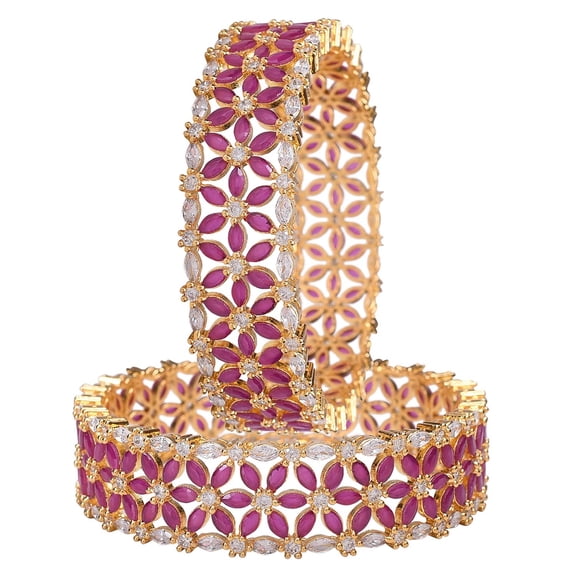 Ratnavali Jewels CZ Zirconia Gold Plated Designer Red White Baguette Bracelet Bollywood Wedding Bangle Jewelry Women