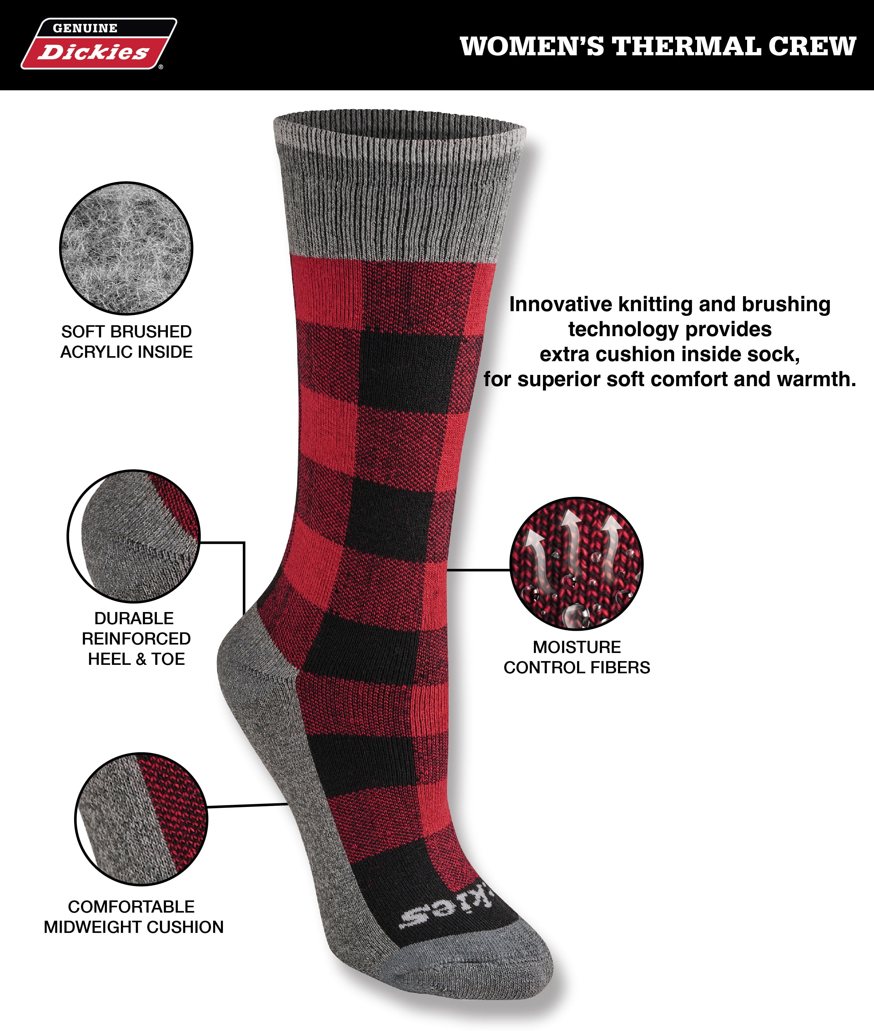 Genuine Dickies Women's Charcoal Fiber Plaid Thermal Crew Socks, 2-Pack