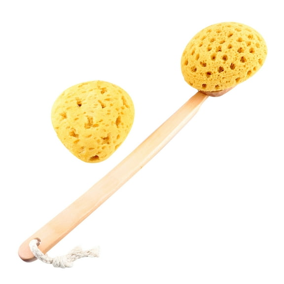 LIQIAONAN Bath & Shower Body Brush Long Handled Sea Sponge with 1 Spare Head Exfoliating Gentle Back Scrubber Wooden Handle