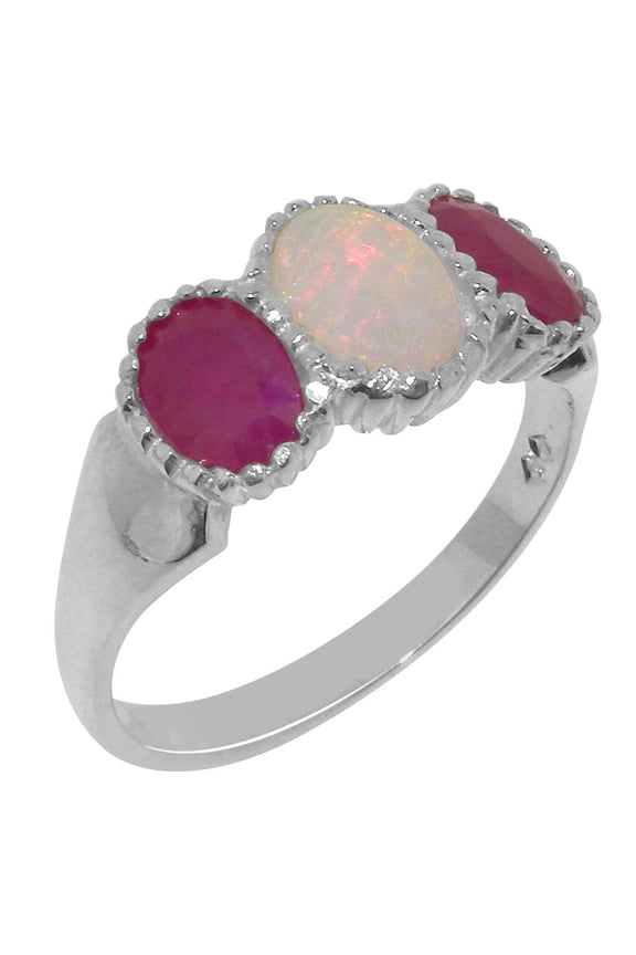 LBG British Made 925 Sterling Silver Natural Opal & Ruby Womens Anniversary Ring - 33 size options - Size 8.75