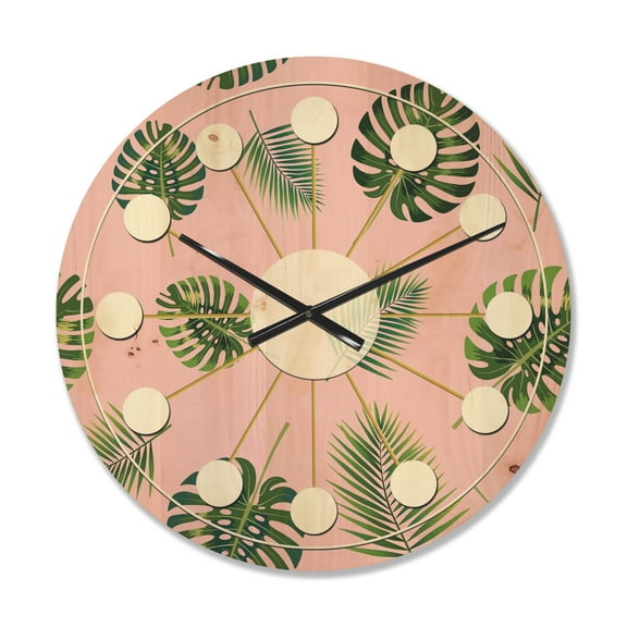 Designart 'Palm Tropical Leaves Retro Pattern' Mid-Century Modern Wood Wall Clock