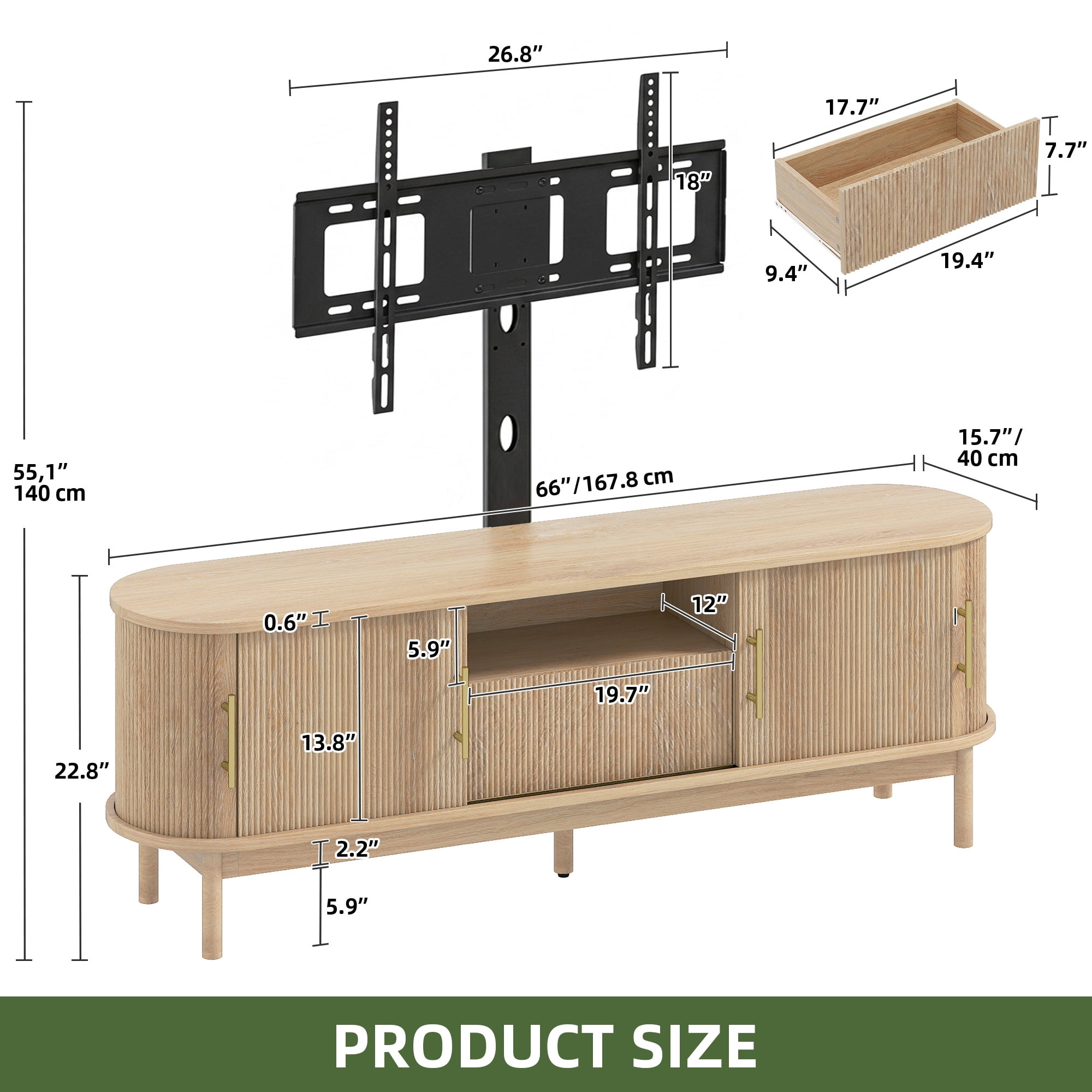 Uforic 66 Inch Natural Oak Fluted Media Console with Adjustable Wall Mount Fits 32-70 Inch TVs for Living Room