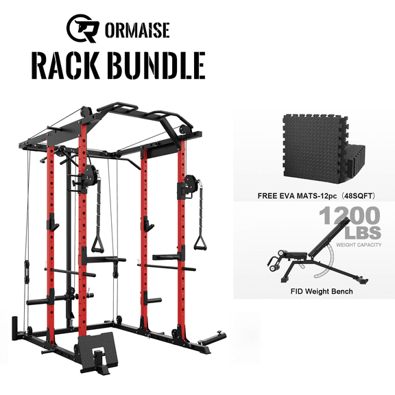 Power Rack Cage, Weight Rack with Cable Crossover Machine,Multi-Function Squat Rack with J Hooks,Dip Bars and Landmine for Home Gym (Black)