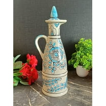 India Meets India Ceramic Bottle/Jug/Jar/Oil Dispenser [White base w/ Sky Blue Florals] Ceramic Storage Bottle for Oil, Vinegar, Sauces, Ketchups, Ceramic Bottle w/ Lid, 11 INCHES, 750 ML