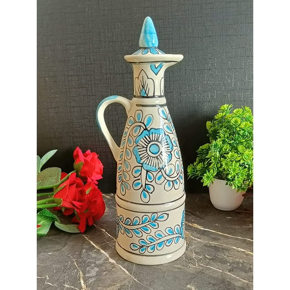 India Meets India Ceramic Bottle/Jug/Jar/Oil Dispenser [White base w/ Sky Blue Florals] Ceramic Storage Bottle for Oil, Vinegar, Sauces, Ketchups, Ceramic Bottle w/ Lid, 11 INCHES, 750 ML