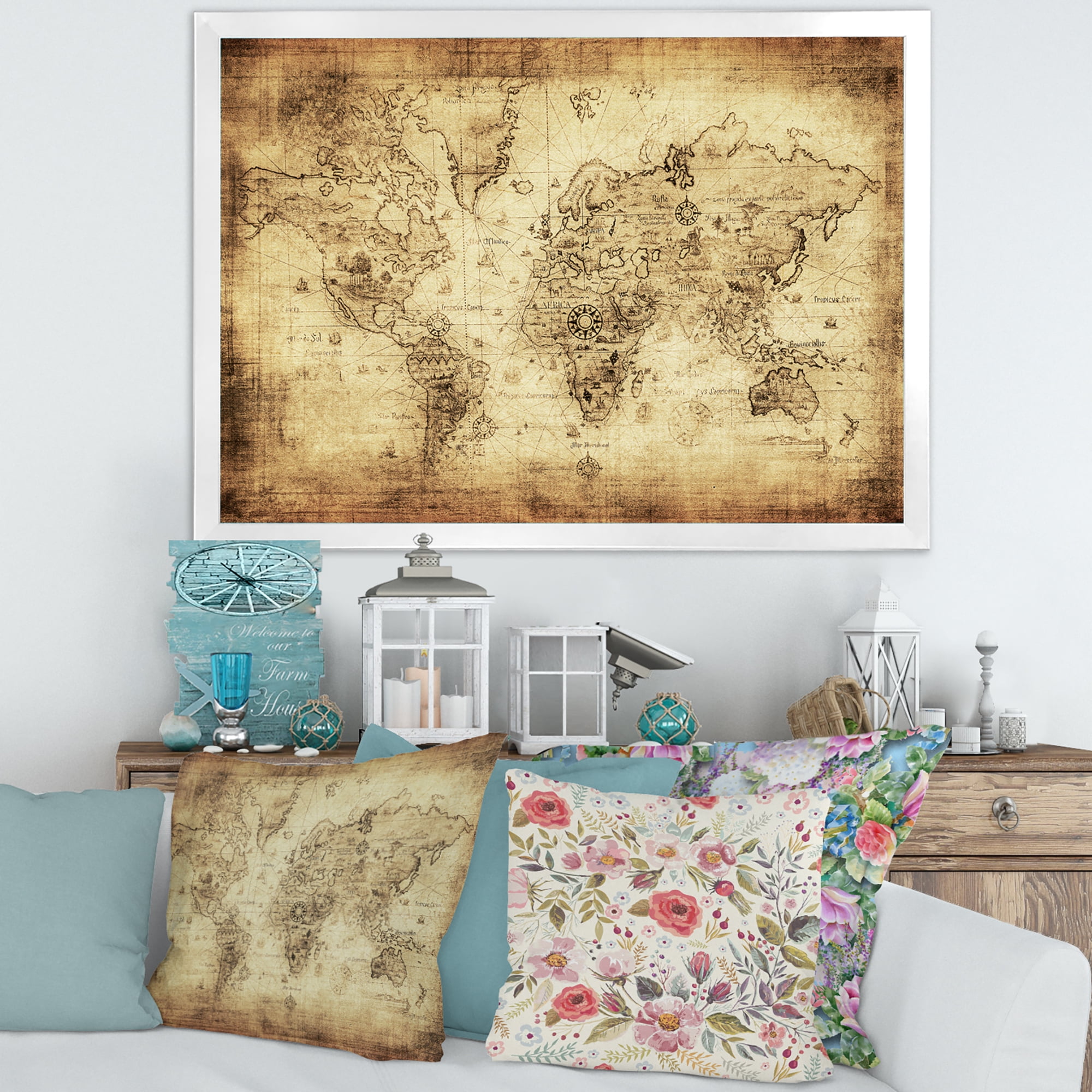 Designart 'Ancient World Map IV' Vintage Framed Art Print