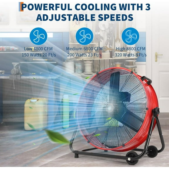Acekid Industrial Floor Fan 24 Inch, 4800-8800 CFM, 3-Speed Adjustable, Heavy Duty Drum Fan with 360° Rotation, Portable Handle & Casters, Red Bucket