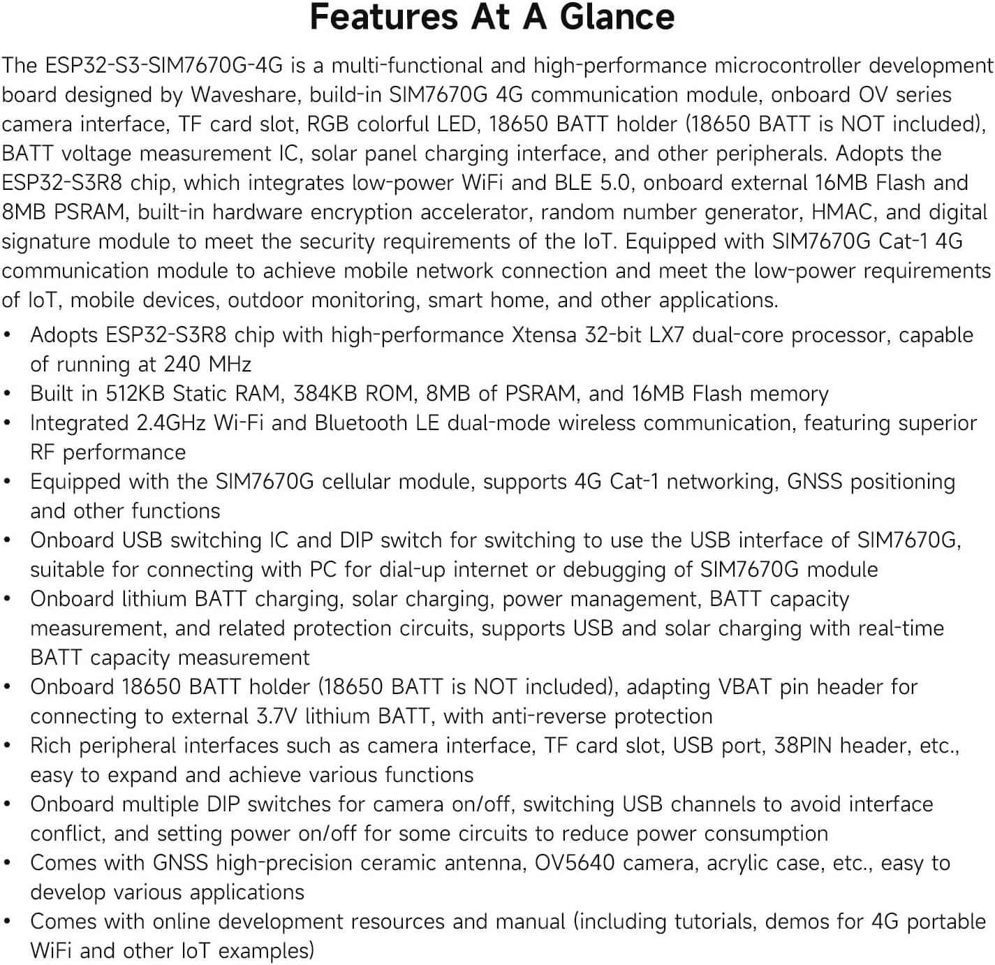 ESP32-S3 SIM7670G 4G Development Board, LTE Cat-1 / WiFi/Bluetooth/GNSS Positioning Support, Global Coverage Multi Band, Suitable for 4G Portable WiFi, Onboard Camera/Antenna