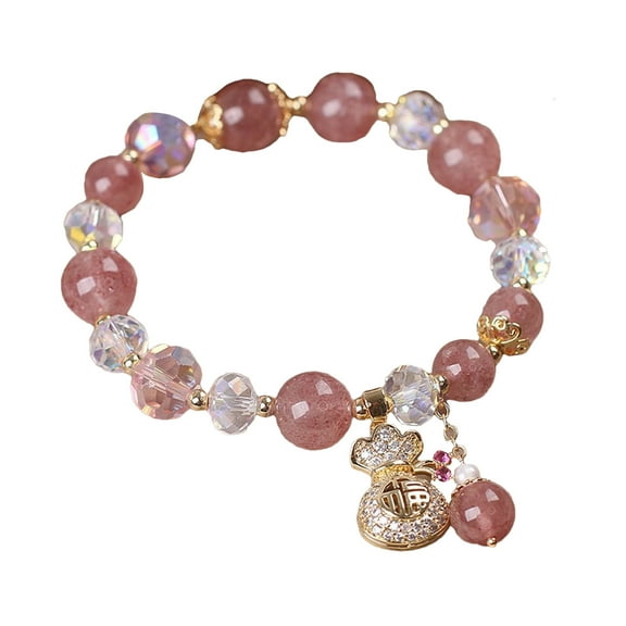 HHBEAUTY Fashionable Natural Strawberry Crystal Bracelets Light Luxury Pink String Beaded Elastic Bangles Women Party Jewelry Gift