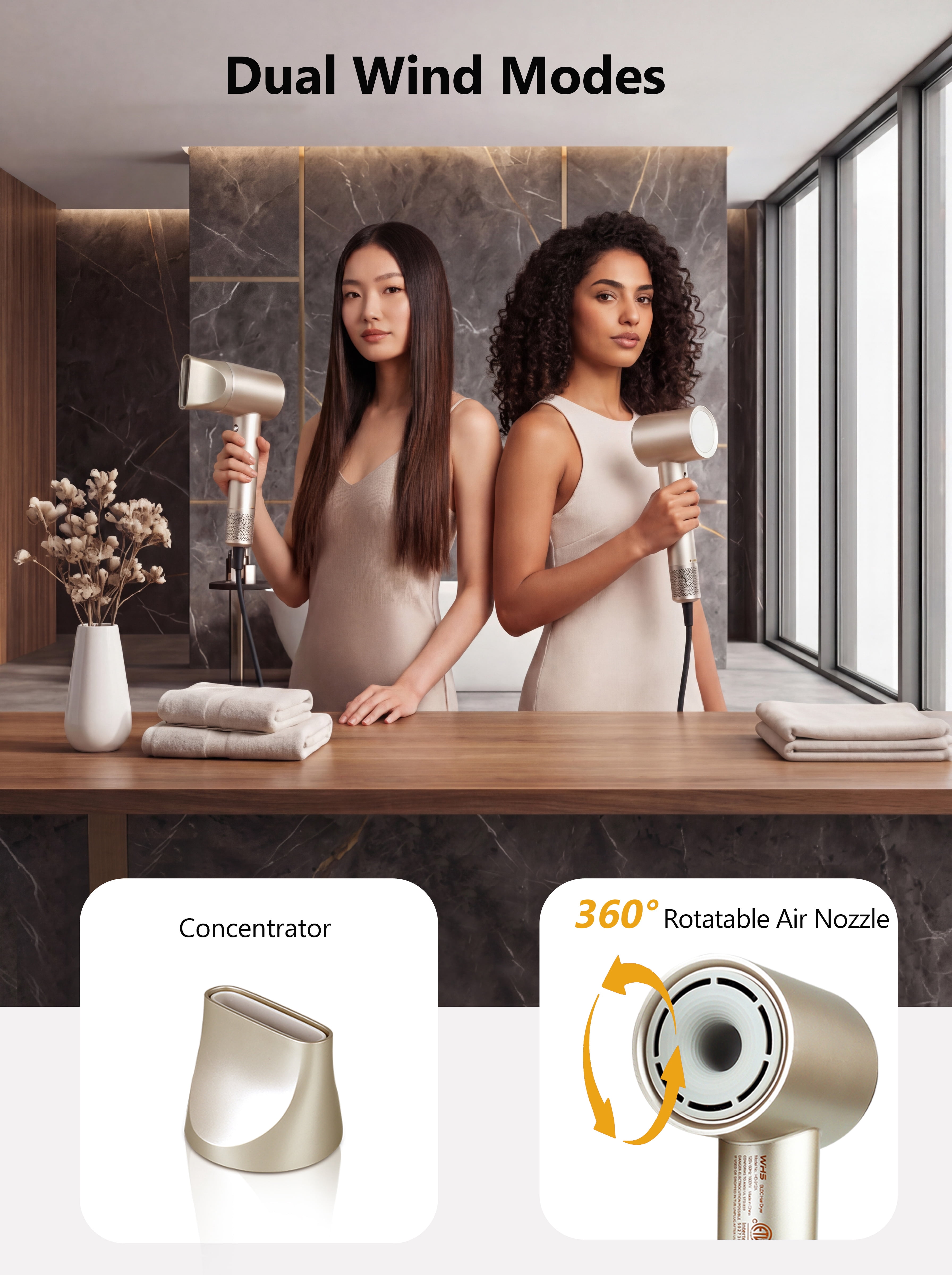 WHS High Speed Ionic Hair Dryer, 110000 RPM Brushless Motor, Fast Drying, Lightweight Gold with Nozzle