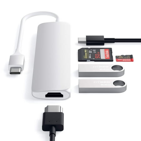 Satechi - Slim Multi-Port Adapter V2 with USB-C PD, 4K HDMI, Micro/SD Card Readers, USB 3.0 for MacBook, Windows Laptops - Space Gray