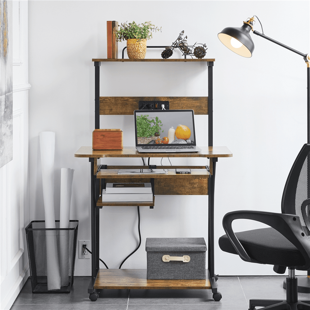 Yaheetech 3 Tiers Computer Desk with Charging Station for Home Office,Rustic Brown