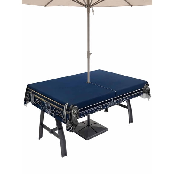 Outdoor Tablecloth with Umbrella Hole and Zipper, Navy Blue Geometric Rectangle Table Cloth 60x84 Inch Waterproof Tablecloth, Farmhouse Geo Retro Art Watercolor Picnic Table Cover for Patio Camping