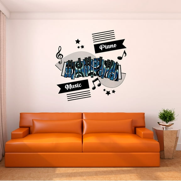 Music Wall Decal Classic Piano Keys with Musical Notes Bedroom Wall Decal for Children Instrument Cute Themed Room Décor - Size: 30 In x 30 In