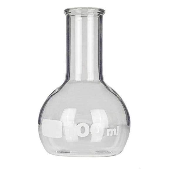 Flask, Flat-Bottom Florence Boiling Flask, Standard Neck, 100ml capacity. Made from Borosilicate Glass. A good fit for any laboratory, science classroom, or homeschool.